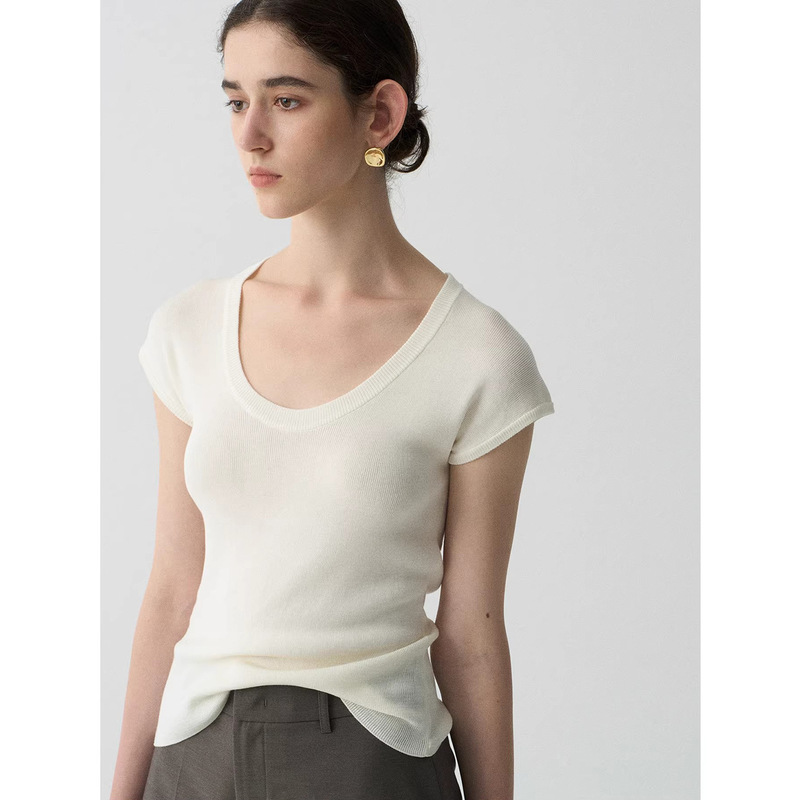 Wool U-Neck Knitted Short-Sleeved Women's Cool Breathable Thin Solid Color Lyocell T-Shirt Summer 2026 New Spring Clothing