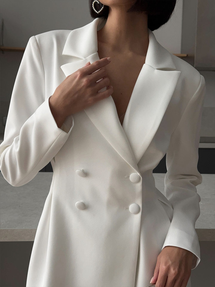 Đầm blazer nữ dáng chữ A cổ chữ V dài tay thắt eo cạp cao — Màu trắng, Màu đen chi tiết 34