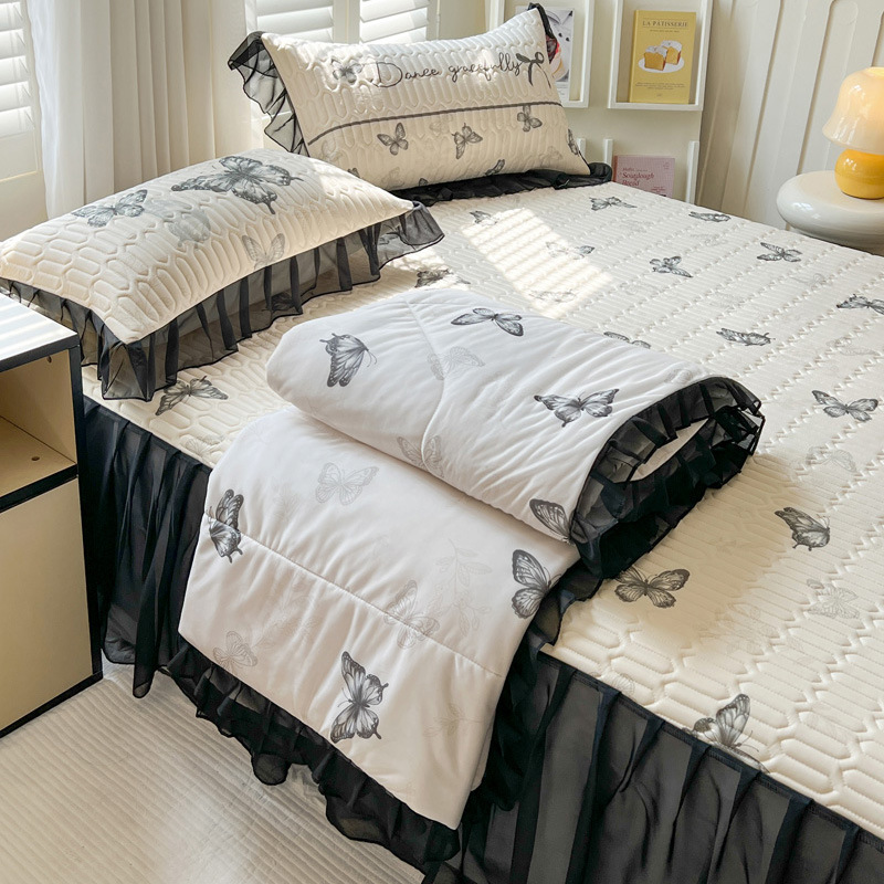 2026 New Model Bed Skirt Style Cooling Silk Mat Summer Quilt Four-Piece Set Single Bed Mat Single Summer Quilt Wholesale