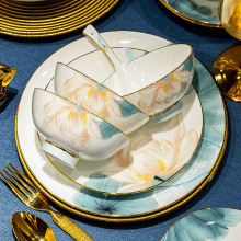 中式芙蓉花碗碟套装家用高级感景德镇骨瓷餐具碗碟盘单个散件