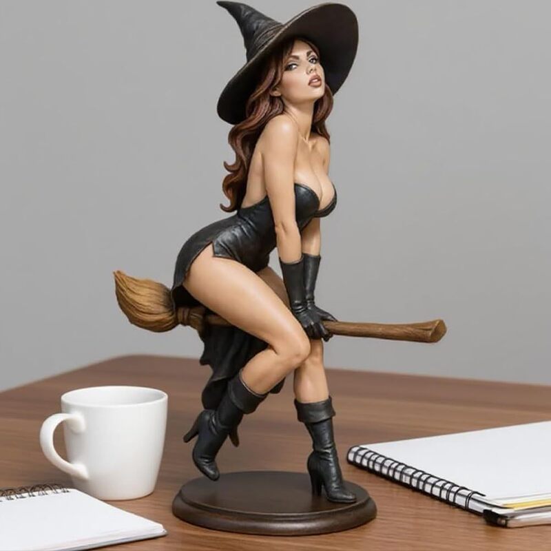 跨境新品万圣节Sexy Witch Bookshelf Statue骑魔法扫帚女巫雕像|undefined
