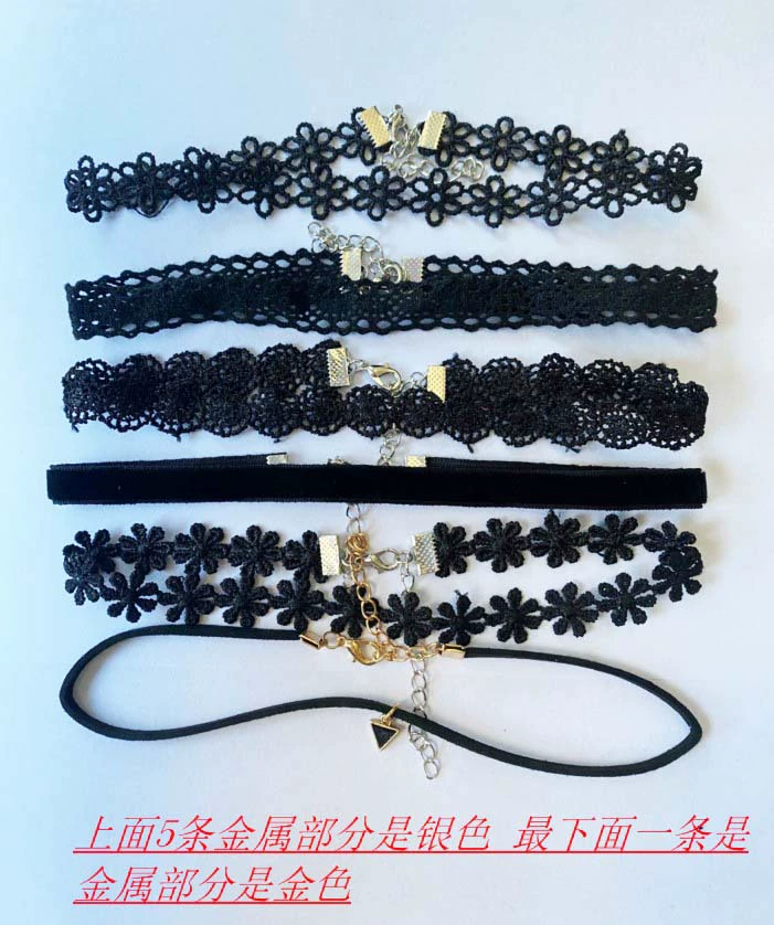 Комплект chokers ожерелья, готический европейский стиль, черное кружева, 6 штук регулируемых чокеров