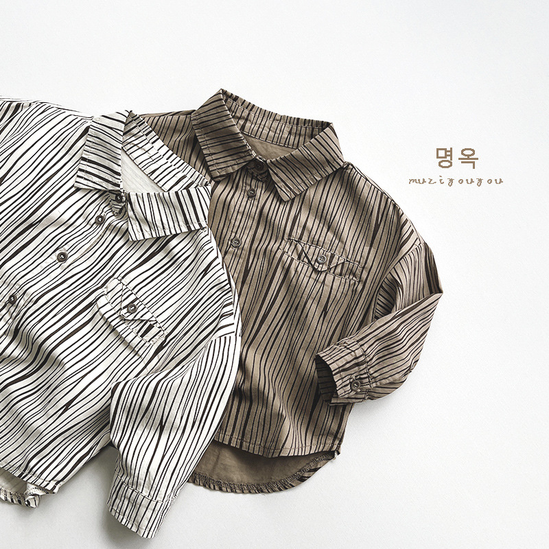 Estilo coreano ~ camisa para niños 2024 primavera niños rayas verticales superior personalizada de las mujeres estilo japonés coreano ropa de moda para niños