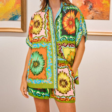 欧美风2025亚马逊宽松休闲衬衫短袖百搭雏菊花时尚女装春季女套装