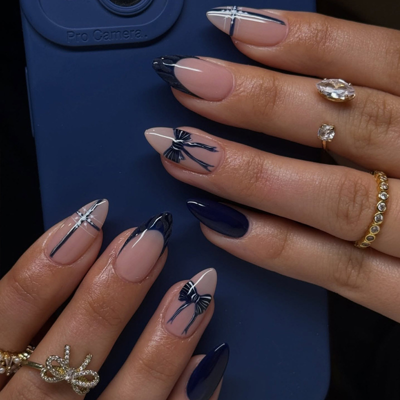 European and American Hot-Selling Wearable Nails, Medium-Length Almond-Shaped Dark Blue Bow French-Style Fake Nails, Ready-Made Nail Tips