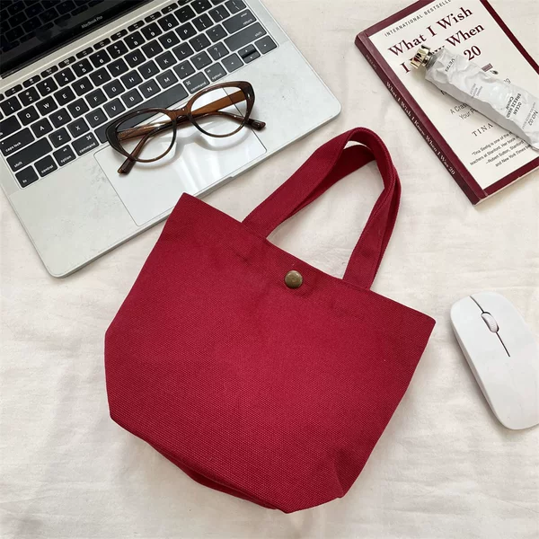 04163 Burgundy canvas handbag, simple lunch bag for work, large-capacity handbag for carrying lunch boxes