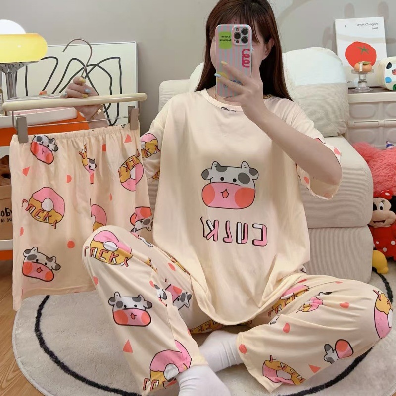 Pijamas de verano transfronterizos pijamas de leche de seda de tres piezas set de dibujos animados comercio exterior ropa para el hogar pantalones de mangas cortas lindos
