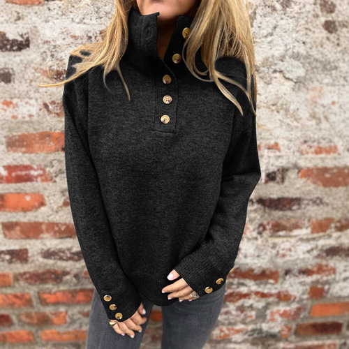 Amazon 2025 European and American cross-border autumn and winter new style stand-up collar knitwear solid color button casual loose sweater women 