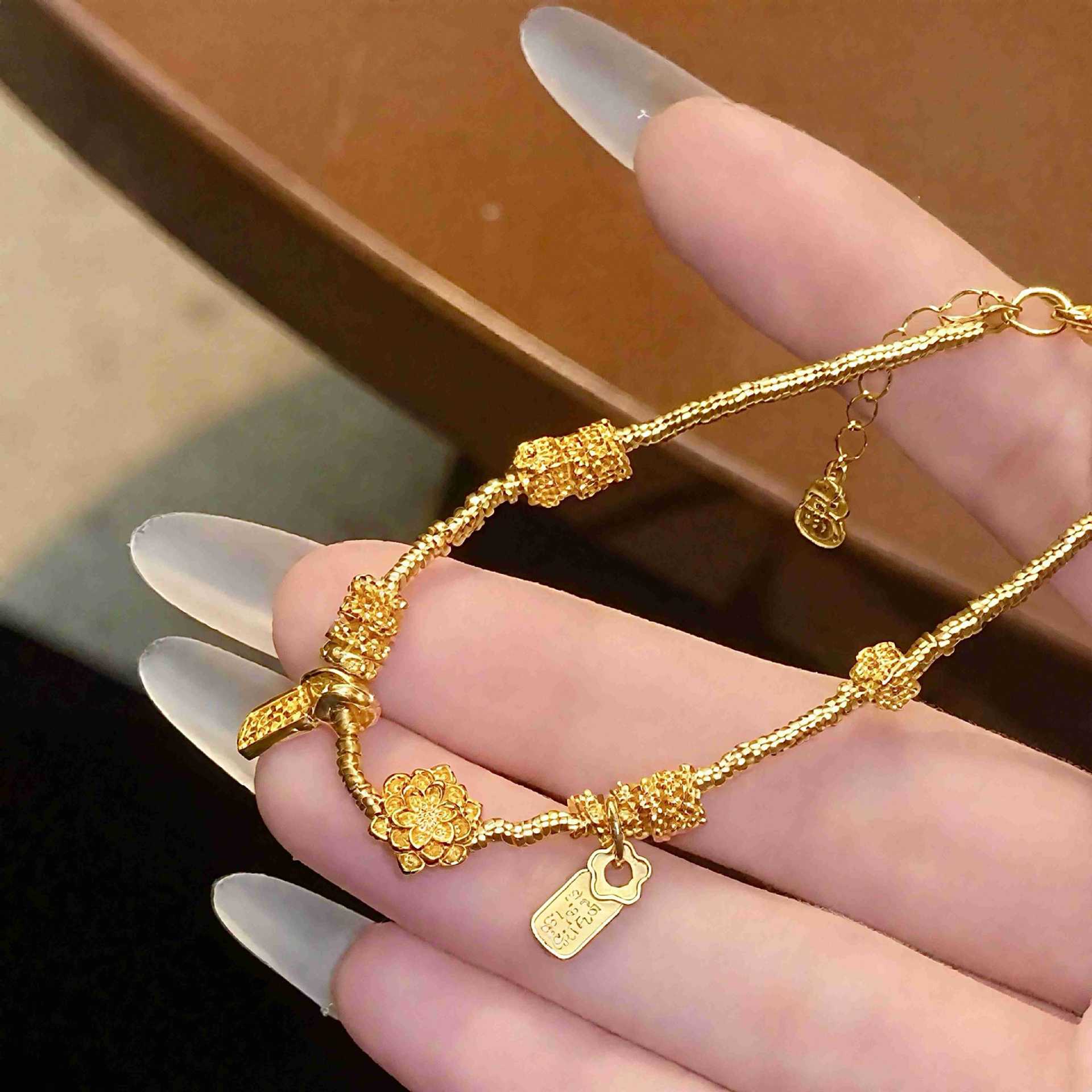 Gold-Plated Lucky Lotus Fortune Bracelet for Women, New Chinese Style, Long-Lasting Color, Fortune Bead Bracelet Accessory