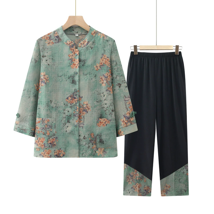 Новый костюм в китайском стиле для мам, летняя одежда, новые элегантные и стильные топы и брюки для женщин среднего и старшего возраста.