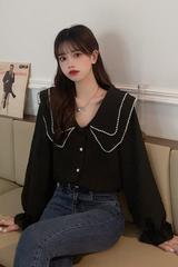 胖mm200斤大码微胖女生显瘦穿搭娃娃领长袖衬衫上衣遮肚子小衫240
