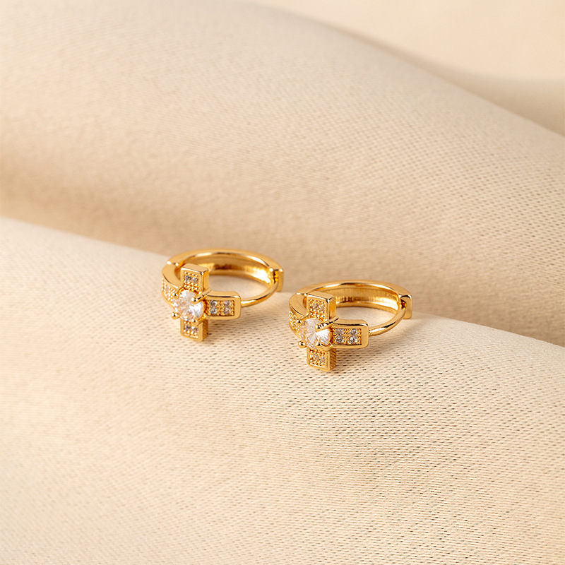 Full Diamond Cross Earrings Trendy Men's Handsome Street Style Couple Earrings Cross-Border Hot Selling Super Flash Zircon Cross Earrings for Women