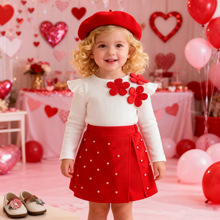 欧美婴童甜美女孩时尚贝雷帽+贴花坑条上衣+钉珠短裤套装秋冬裙裤