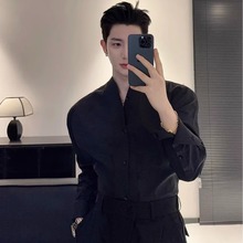 高级感个性V领衬衫男长袖修身韩版潮流痞帅立领免烫休闲无领衬衣v