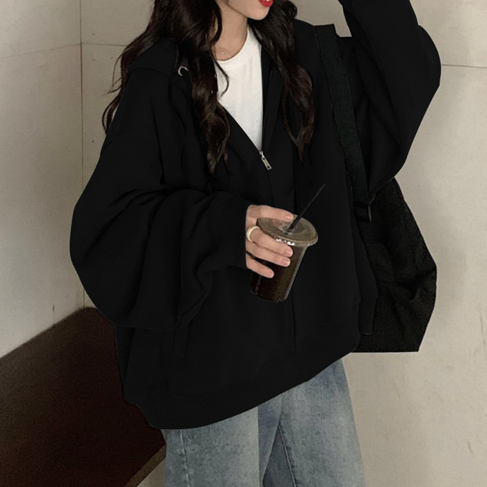 连帽卫衣女早秋oversize薄款拉链外套ins潮牌宽松慵懒风开衫上衣|undefined