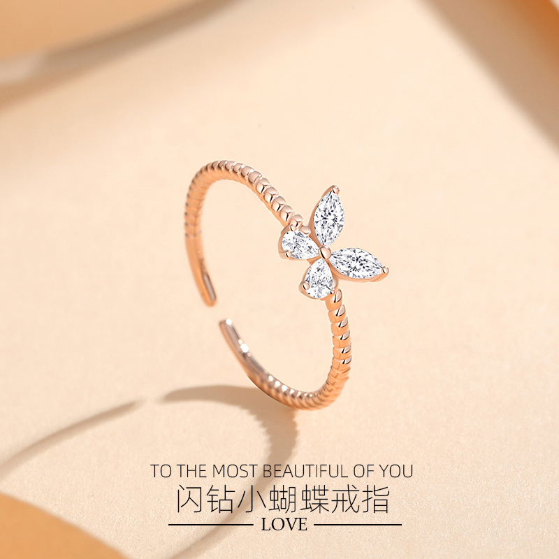 S925 plata flash diamante mariposa anillo hembra japonés y coreano pequeño fresco boca abierta animal hembra anillo geométrico redondo con incrustaciones de circón joyería