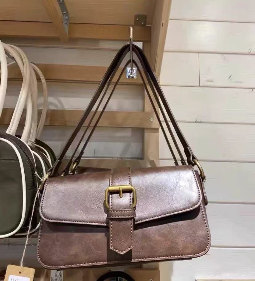 BM Style New Retro Baguette Bag Brown Leather Buckle Flap Underarm Bag Handbag Shoulder Bag Versatile Small Square Bag - Thumbnail 2