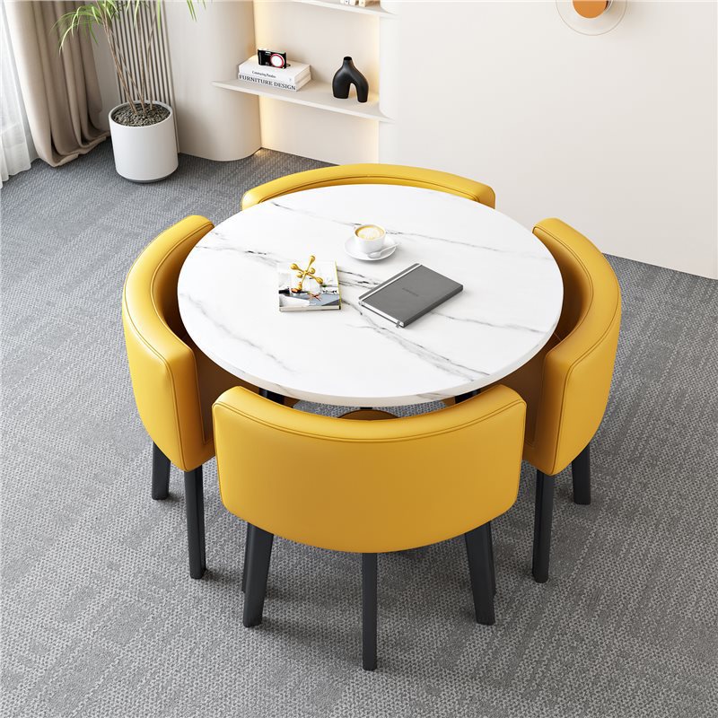 [Factory] 80 imitation white stone pattern round table yellow leather chair