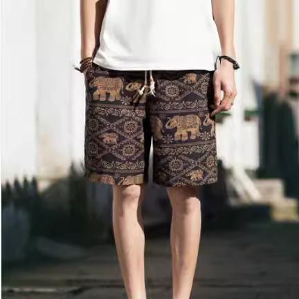 Chinese Style Men's Cotton and Linen Summer Printed Shorts Export Southeast Asian Casual Loose Men's Quarter Pants Beach Pants