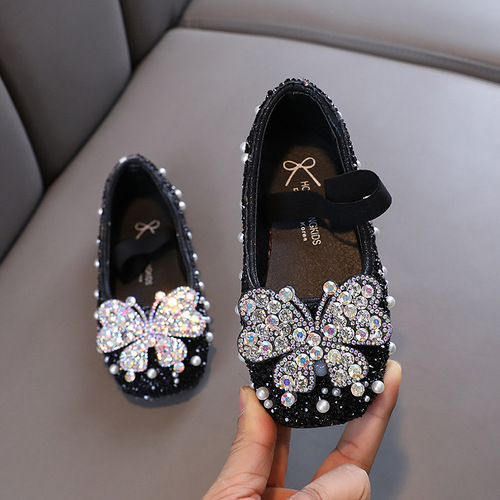 2024 Spring and Autumn New Lady Baby Girl Girls Princess Shoes with Rhinestones Single Shoes Leather Shoes Dance Performance Shoes