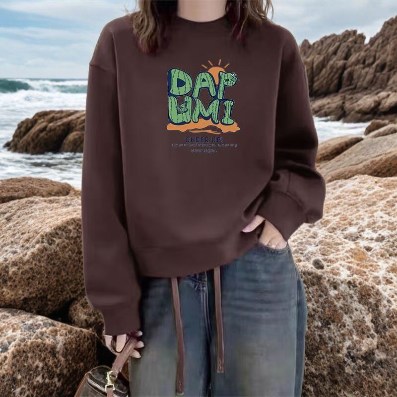 Sweatshirt Fleece-Lined and Thickeneded 2025 Autumn and Winter New Fashionable and Elegant Round Neck Loose and Versatile Casual Long-Sleeved Tops