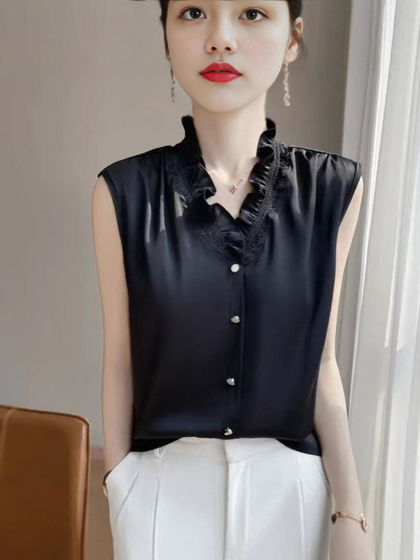 夏季花边领V领白色无袖背心女内搭法式木耳边无袖衬衫打底衫|undefined
