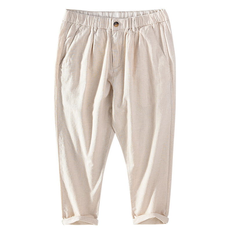 Harlan pants men's linen cropped pants with elastic waist and linen material, casual cotton and linen breathable straight leg pants_voghion.com