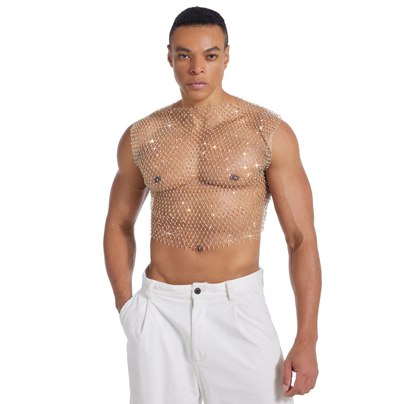 Nightclub Men's Sexy Fishnet Sleeveless Vest with Rhinestones and Diamond Embellishments, Square-Neck Hollow-Out Men's Top, Sexy