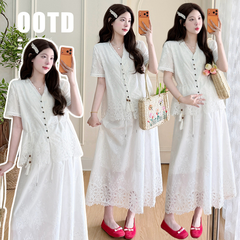 Summer Lace Patchwork V-Neck Jacquard Cotton Shirt + Drawstring Lace Skirt Maternity Set Wholesale Dropshipping Summer Lace Patchwork V-Neck Jacquard Cotton Shirt + Drawstring Lace Skirt Maternity Set Wholesale Dropshipping