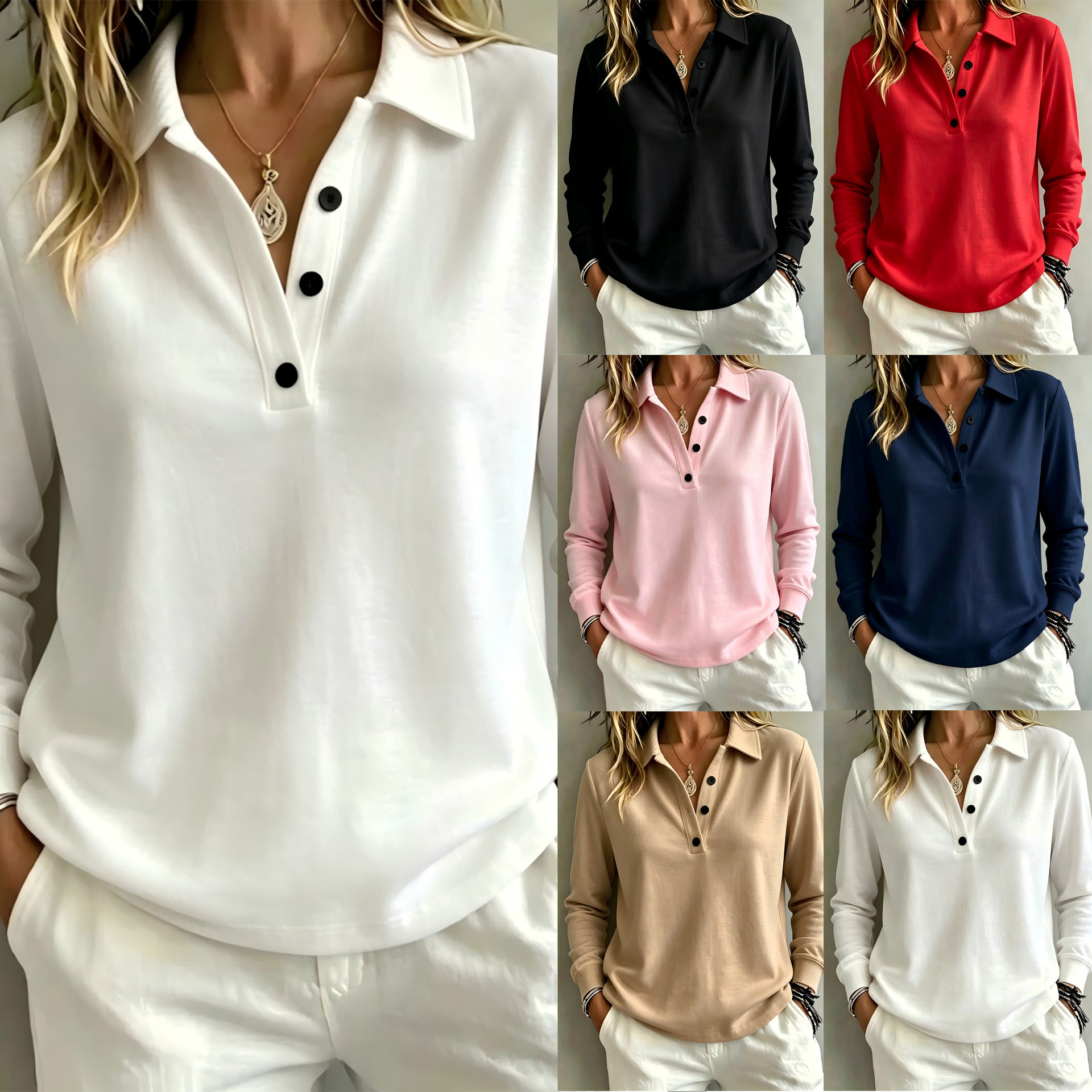 2026 New European and American Cross-Border Amazon Solid Color Shirt Collar Loose Long-Sleeved Casual Sweatshirt for Women