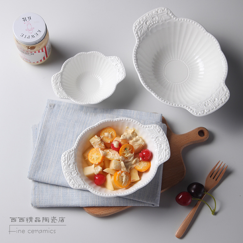 Ceramic Tableware Embossed Double-Handle Salad Bowl Bone China Christmas Dessert Bowl Pure White Irregular Soup Bowl Creative Tableware