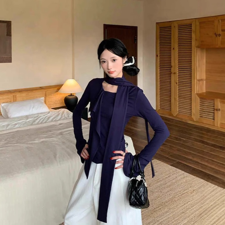 设计感荷叶边飘带长袖藏蓝色上衣女装秋季百搭打底衫修身内搭T恤|undefined