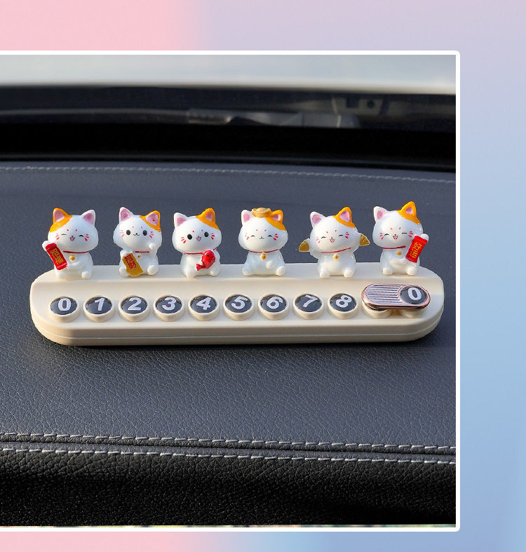 Lucky Cat Car Temporary Parking Sign for Girls, Mobile Phone Number Plate for Car, Decorative Ornament