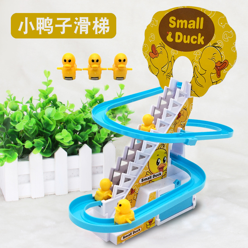 Juguetes para niños de patos con rieles eléctricos, patos amarillos que suben escaleras, patos que suben escaleras