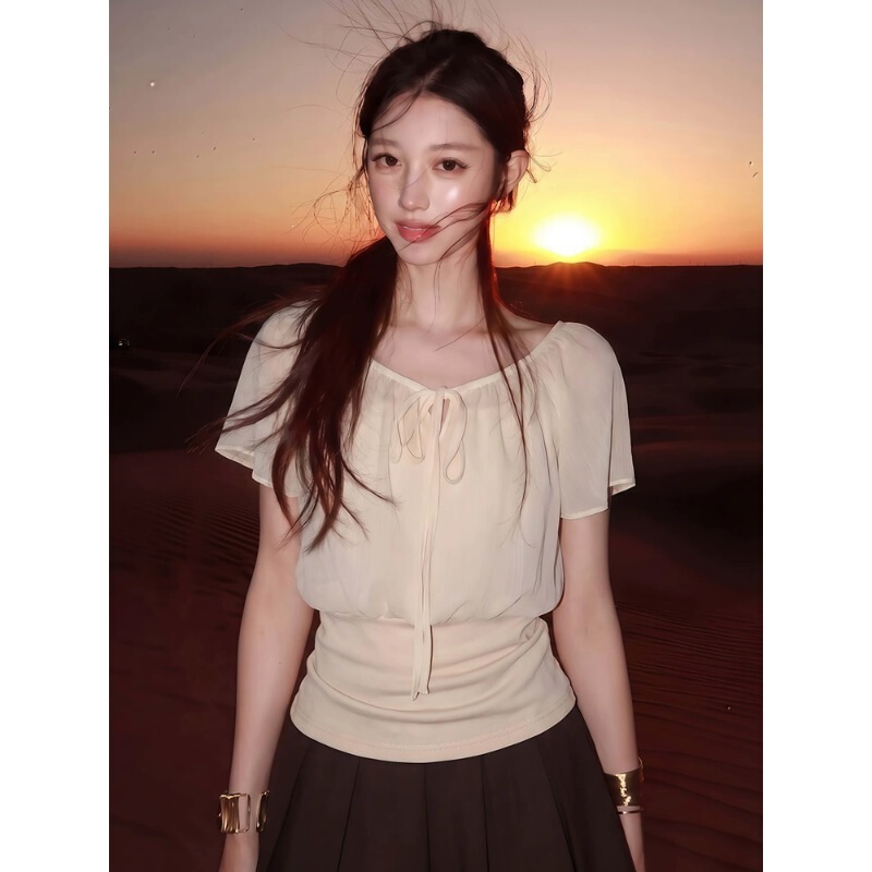 【Original Quality】Light Apricot Color Faux Two-Piece Spliced Lace-Up V-Neck Ruffle Sleeve Women's Elegant Blouse