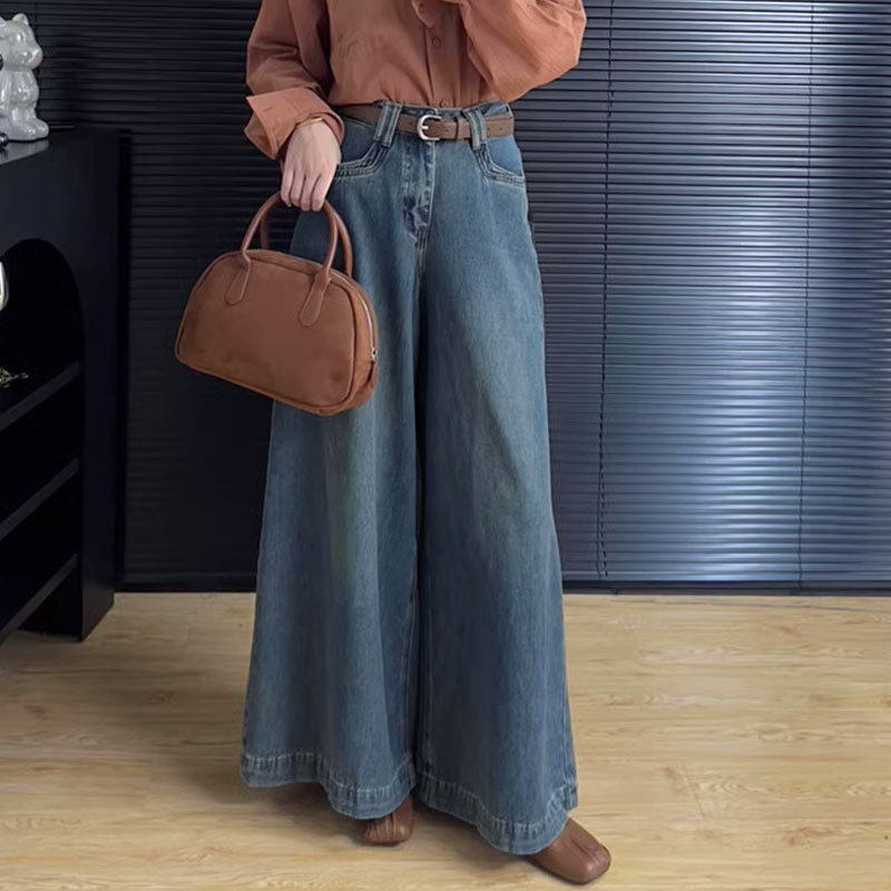 ゆったりとした広い足のジーンズの女性の新型の小さい衆の腰のまっすぐな筒の大きいサイズのナシの形の復古の青いモップのズボンの秋|undefined