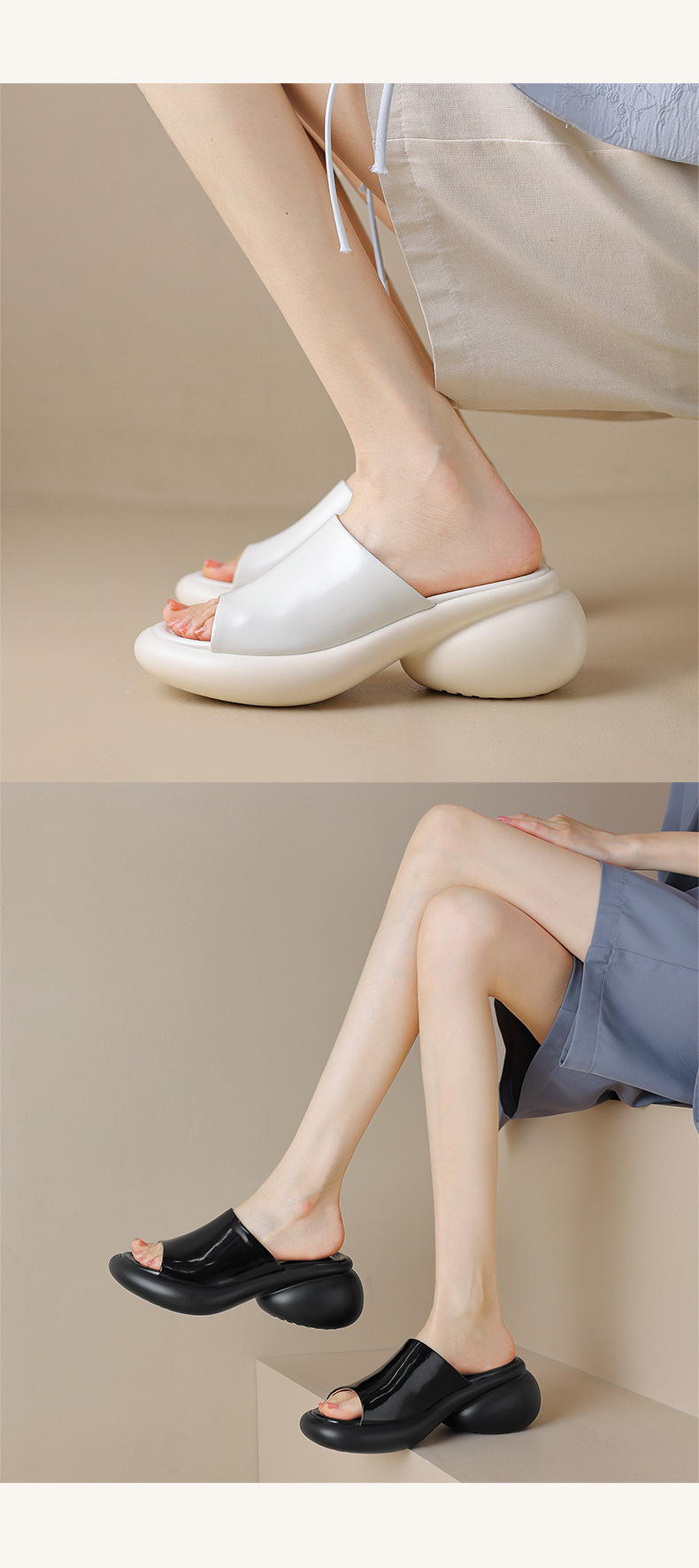 Dép sandal nữ quai chữ V đế dày da PU mũi hở — màu đen, màu trắng chi tiết 8