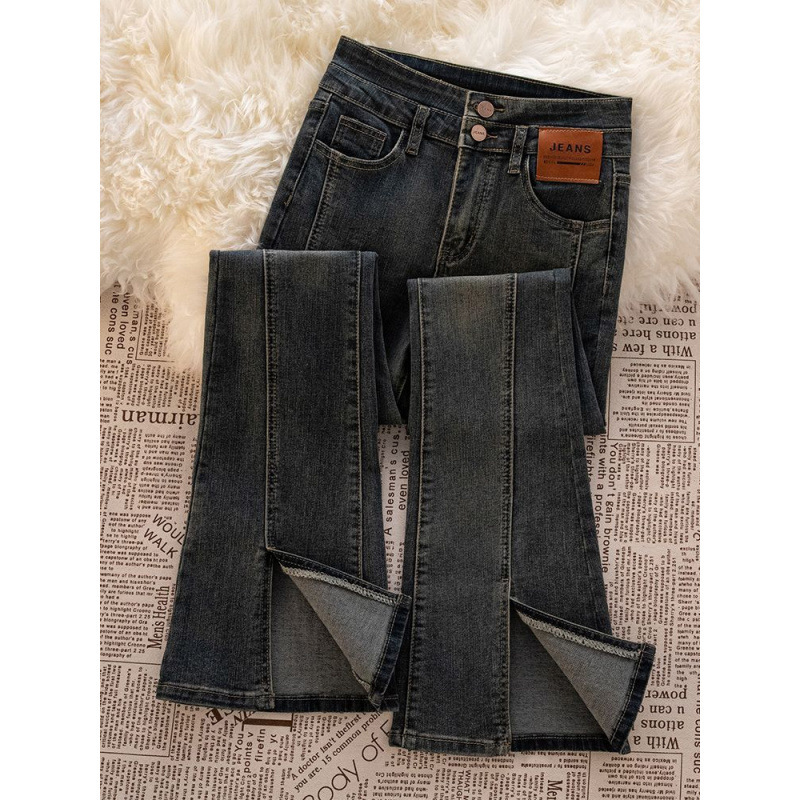 (2개) 분할 마이크로 청바지 여성의 가을과 겨울 기모 높은 허리 슬림 레트로 시멘트 회색 경적 바지 2024 새로운