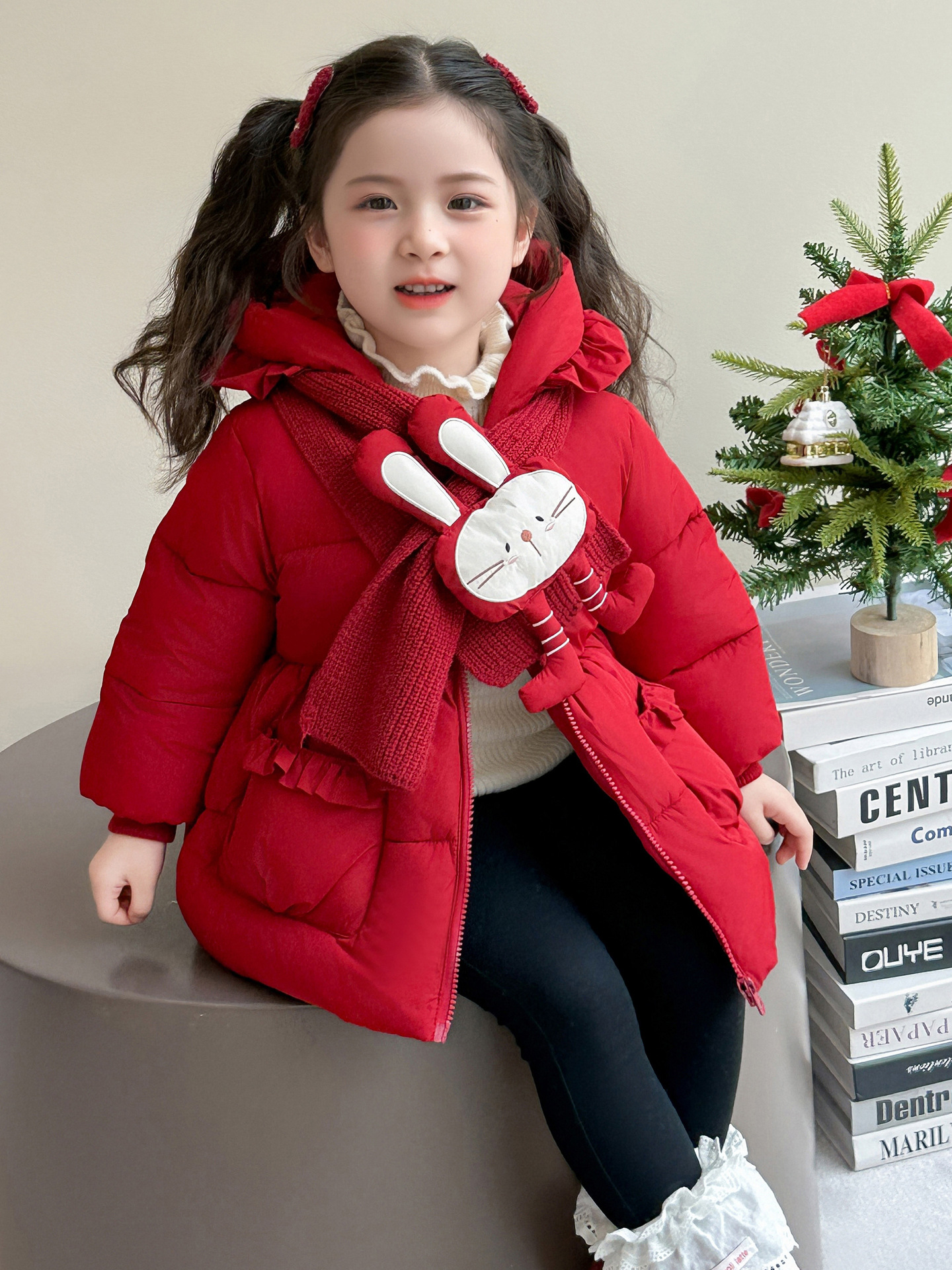 Chaqueta de invierno para niñas 2025 nuevo invierno para niños rojo medio largo bebé grueso abrigo de moda image 3