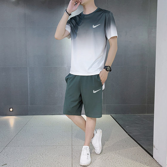 Explosive Ice Silk Sports suit Boys Summer Ultra-thin Quick-drying Fashion Brand Short-sleeved Shorts Gradient Casual Two-piece Set