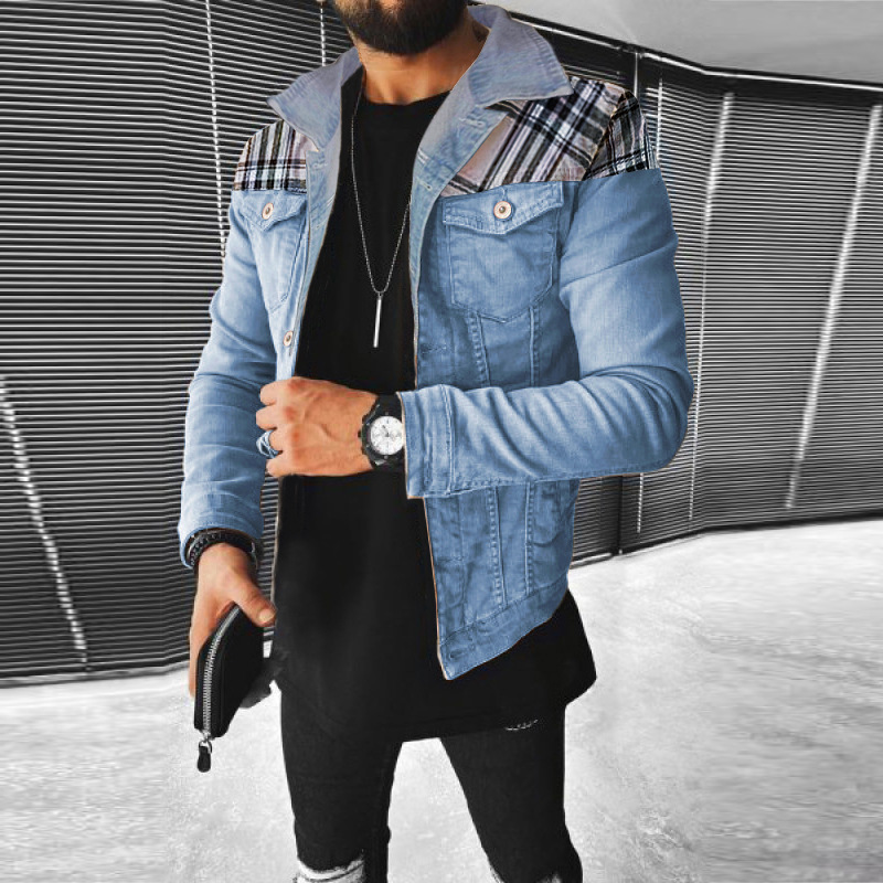 Veste en jean patchwork à carreaux multi-sacs décontractée pour hommes, nouveau produit tendance pour hommes automne et hiver_voghion.com