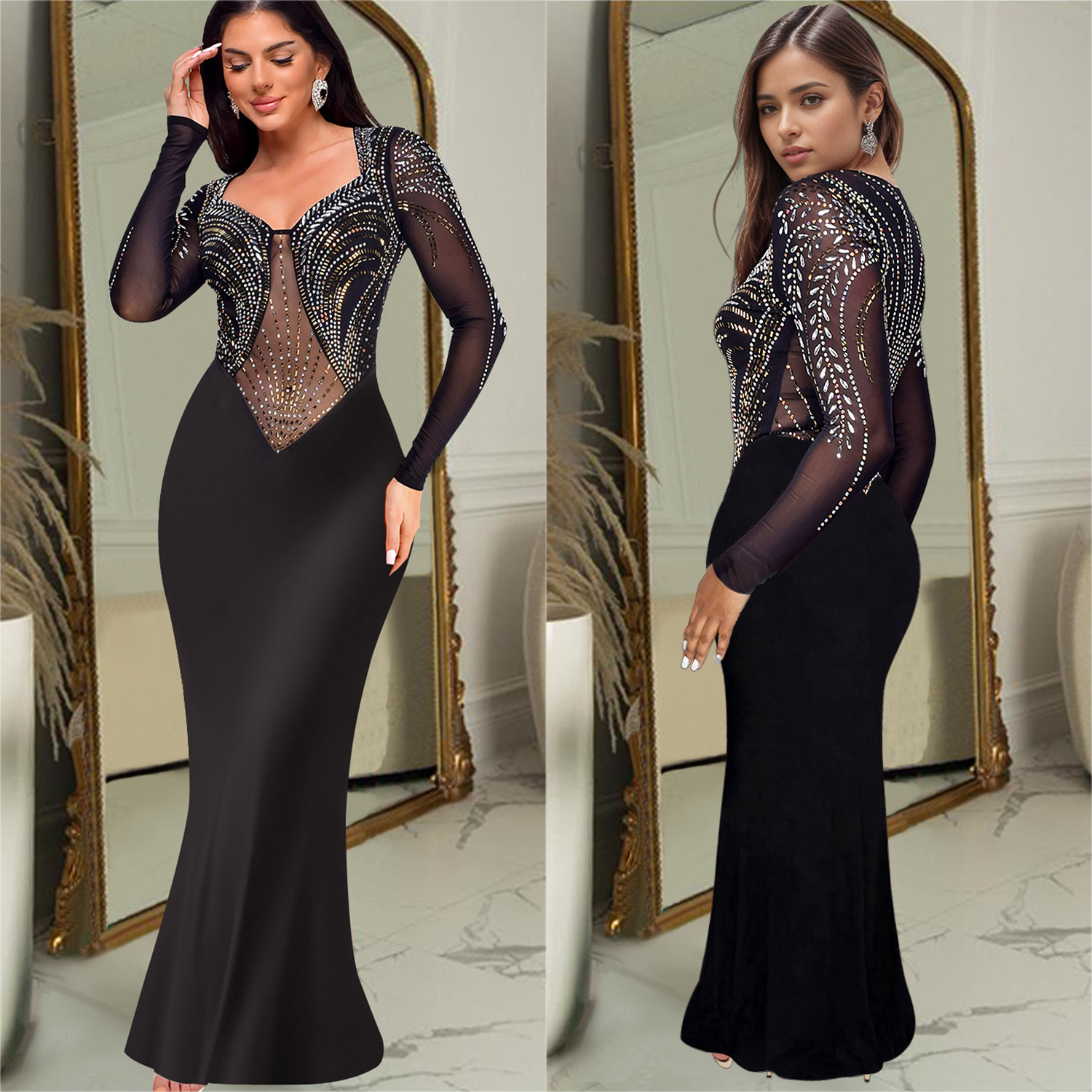 C7042 AliExpress transfronterizo Amazon estación independiente de moda europea y americana ropa de mujer de diamante caliente vestido de manga larga de color sólido nuevo
