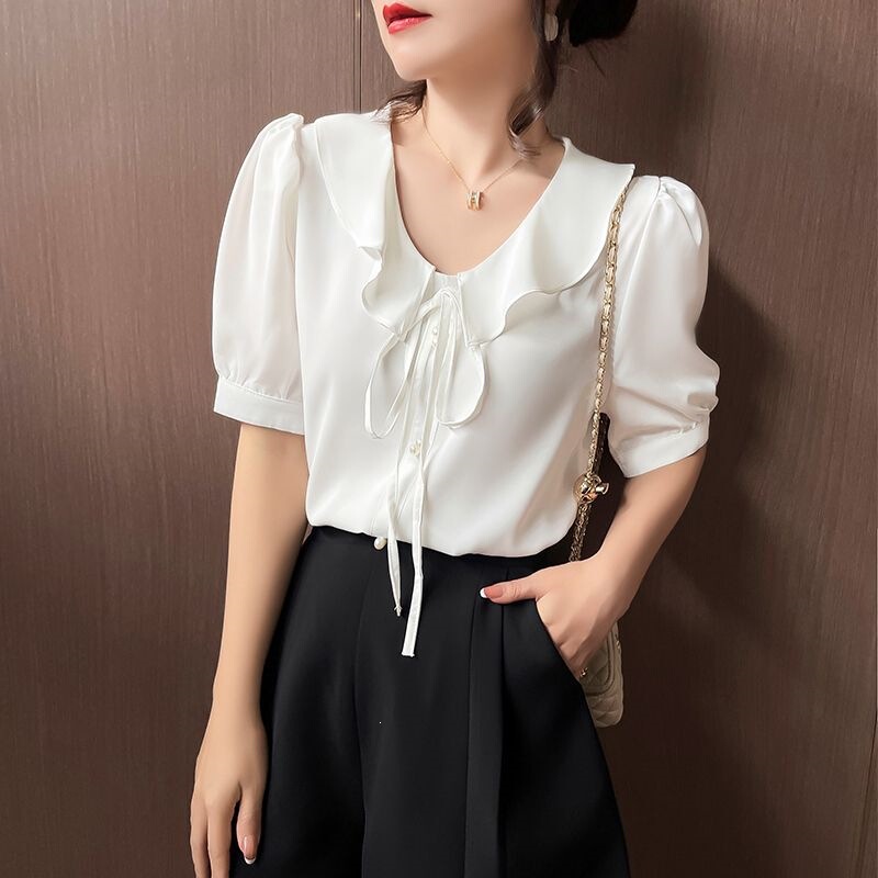Elegant Ruffled Tie-Neck Chiffon Shirt for Women, White Shirt, New Summer Style, Versatile, Slimming, Stylish Top Elegant Ruffled Tie-Neck Chiffon Shirt for Women, White Shirt, New Summer Style, Versatile, Slimming, Stylish Top