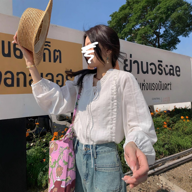 法式系带2025年秋花边领白衬衫女小个子别致温柔风衬衣女|undefined