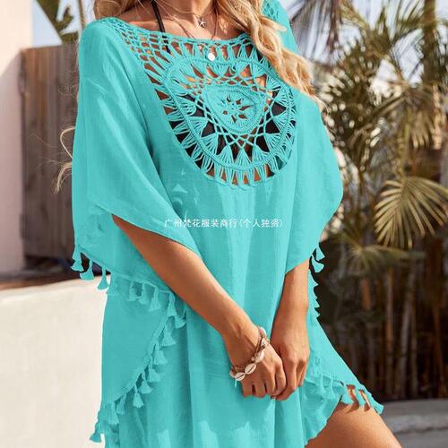 Vacation Hand Hooked Solid Color Patchwork European and American Style Beach Skirt with Small Tassels Sun Protection Short Sexy Beach Cover-up