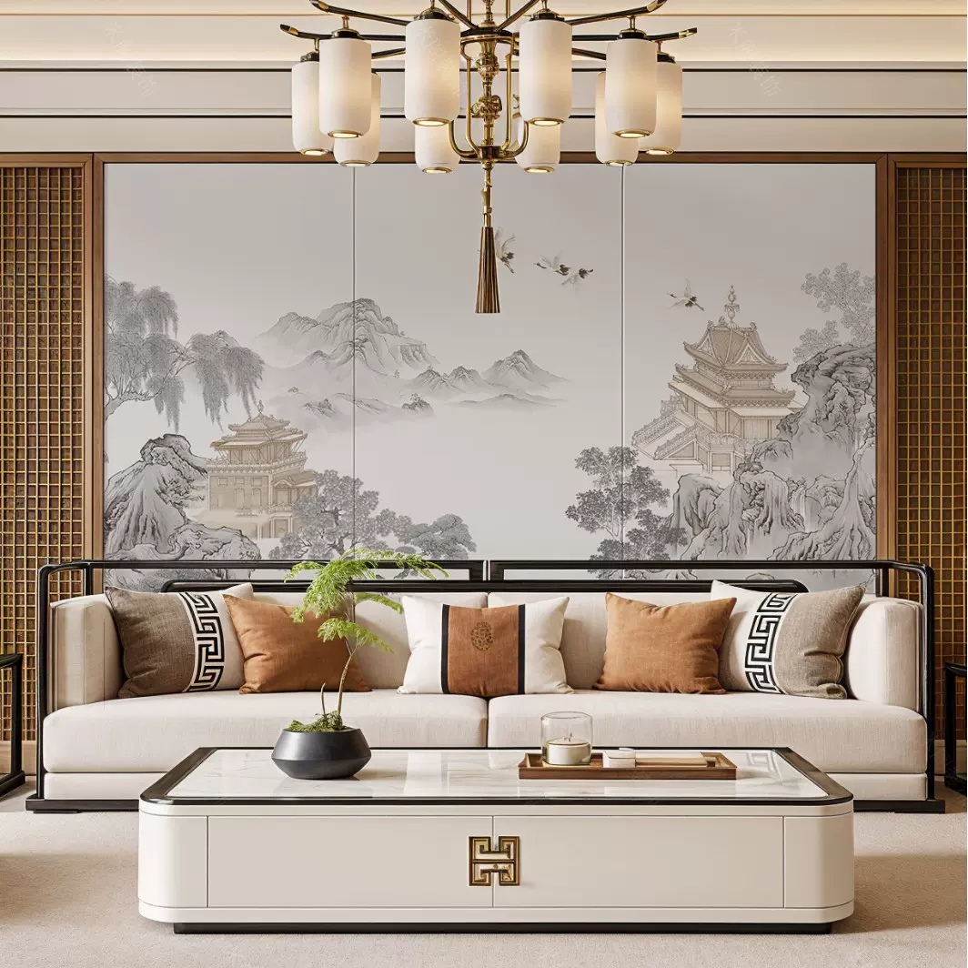 新中式楼阁壁纸古风电视背景墙纸宋氏美学壁画饭店客餐厅墙布