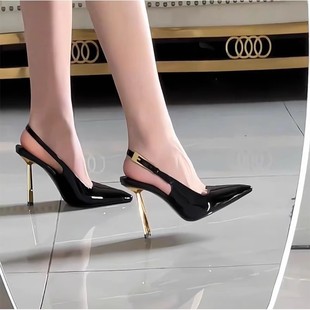 European and American 2024 spring and summer new style of light-mouthed metal heel slim heel high heels women's sexy square toe sandals women's shoes