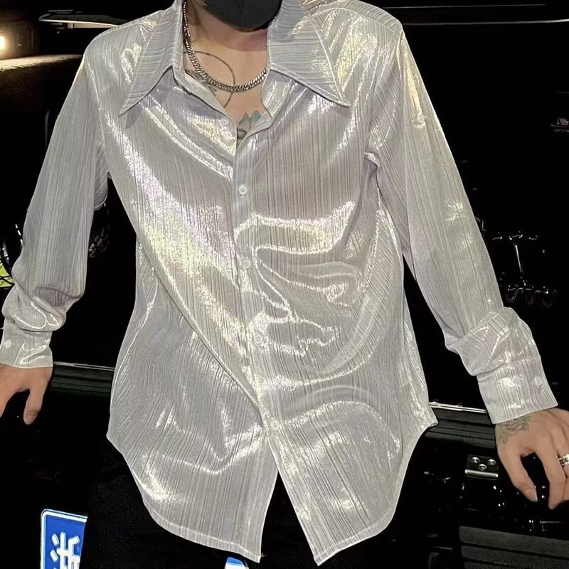 Korean Fashion Nightclub Long-Sleeve Shirt for Men, Trendy Casual Cool Style with a High-End Feel, Loose-Fitting Minimalist Shirt, Thin Jacket