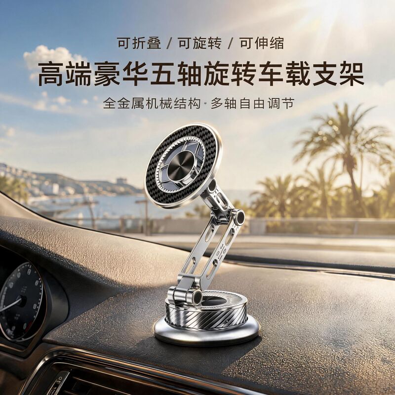 All-metal magnetic car phone holder with mechanical arm, multifunctional car navigation center console vacuum suction mount
