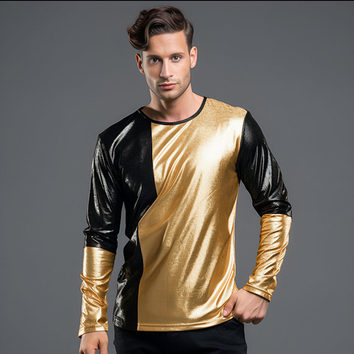  Men's gold black leather patchwork jazz dance shirts punk rock style gogo dancers performance  Long sleeved T-shirt  Nightclub bar dancing Bottom Top for Man